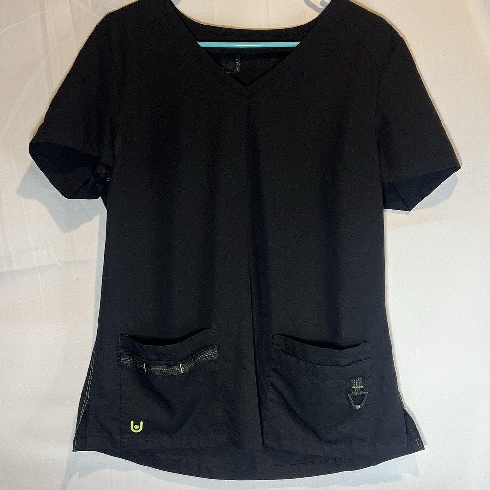 Urbane Women's Double Pocket Black‎ Scrub Top, Medium, Utility Straps Nurse Vet